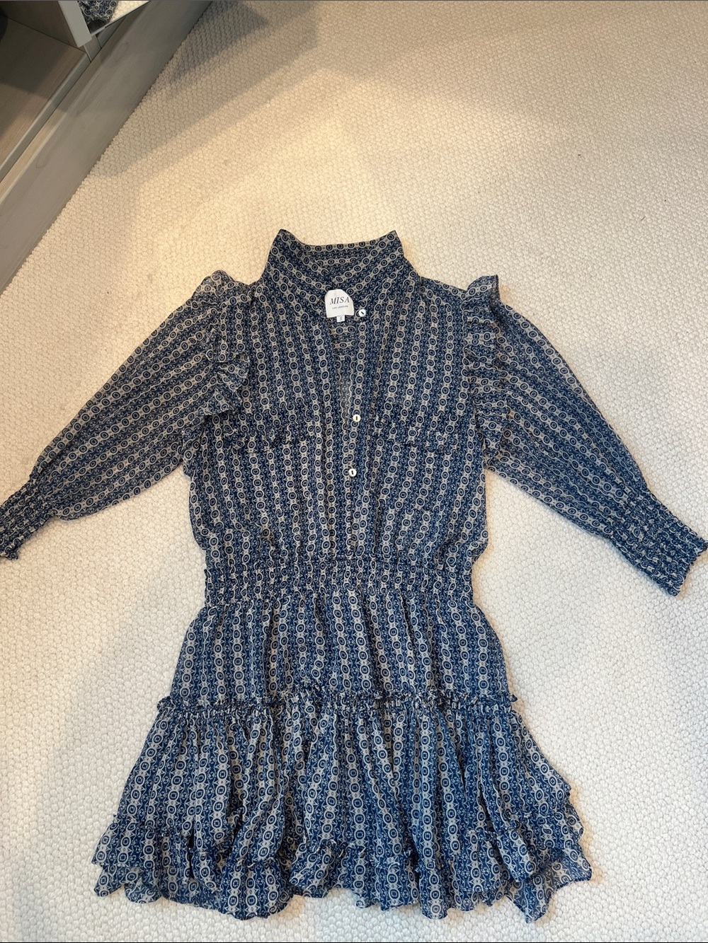 Misa Los Angeles Navy Printed Ruffle-Tier Smocked Waist Dress Small
